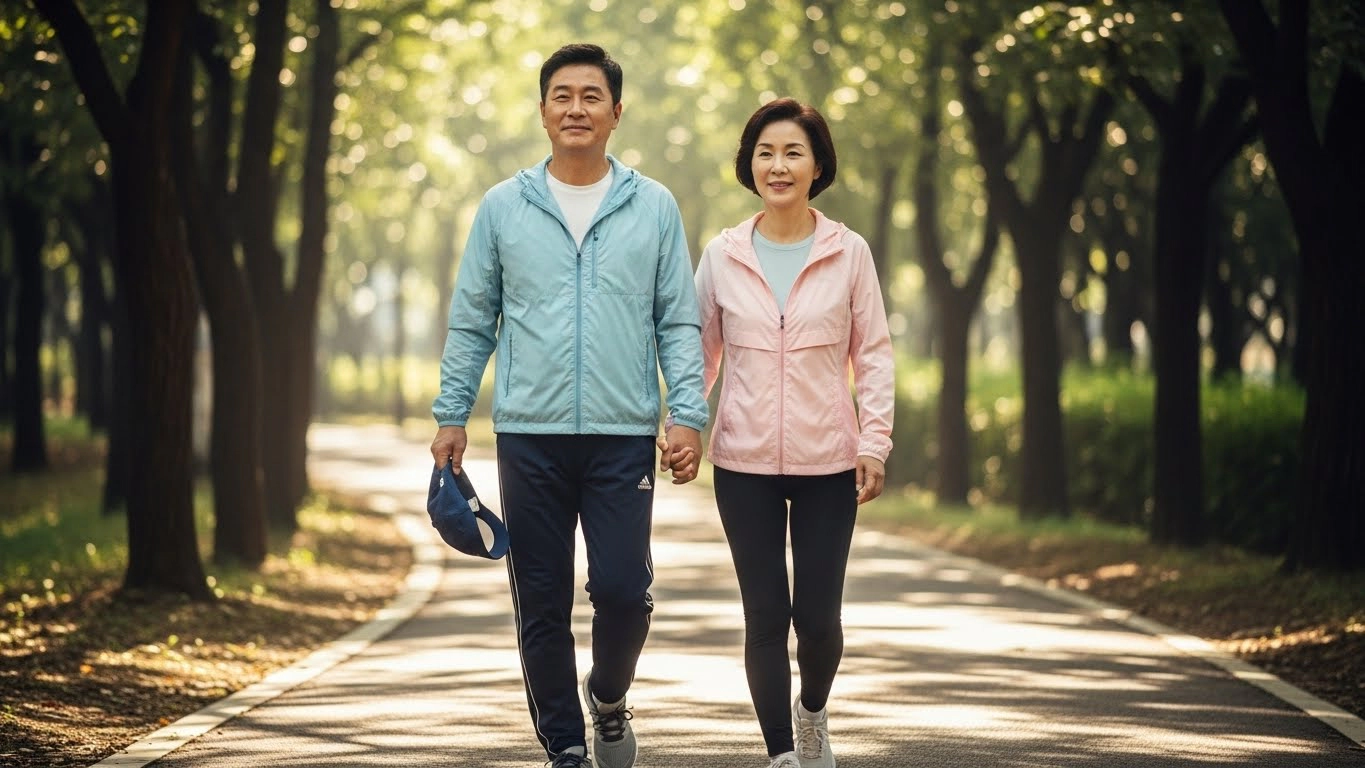 공원에서 걷는 중년 부부