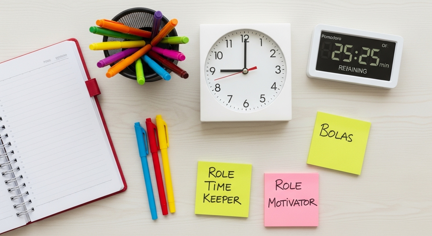 스터디 플래너, 타이머, 역할이 적힌 포스트잇 등이 정돈된 책상 위 모습.