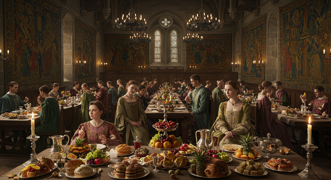 중세 유럽 귀족들이 향기를 더한 식탁이 있는 연회장에서