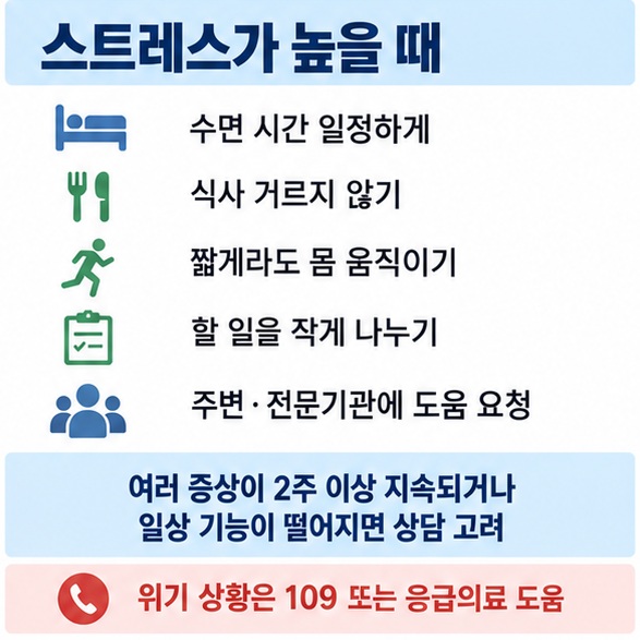 수면 식사 운동 할 일 나누기 도움 요청과 2주 이상 지속 시 상담 기준을 정리한 인포그래픽