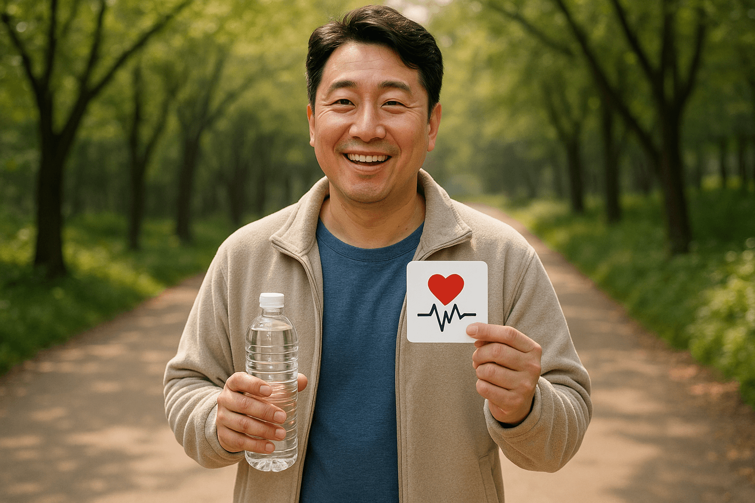 공원 산책로에서 물병을 들고 심장 건강 아이콘 카드를 보여주는 미소 짓는 중년 한국 남성