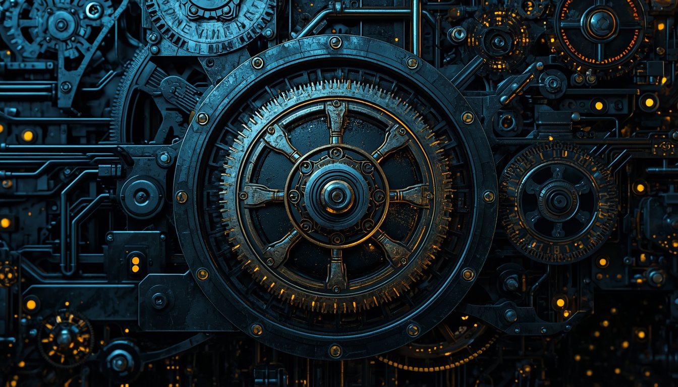 Intricate mechanical gears mixed with glowing digital database networks depicting traditional stock clearing and settlement mechanisms.
