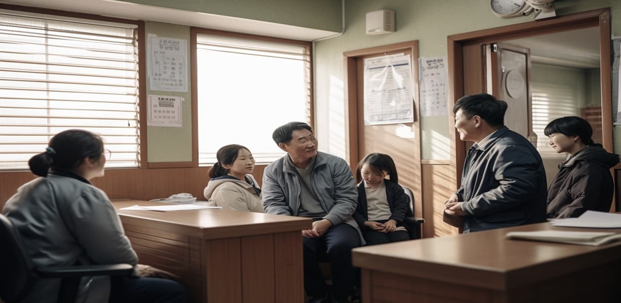 "기초생활보장 수급자 신청을 위해 주민센터에서 상담받는 가족"