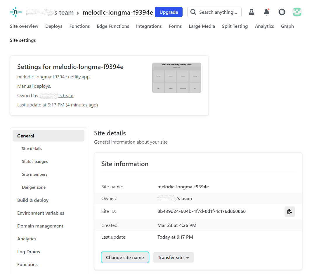 네트리파이(Netlify) Site details 화면