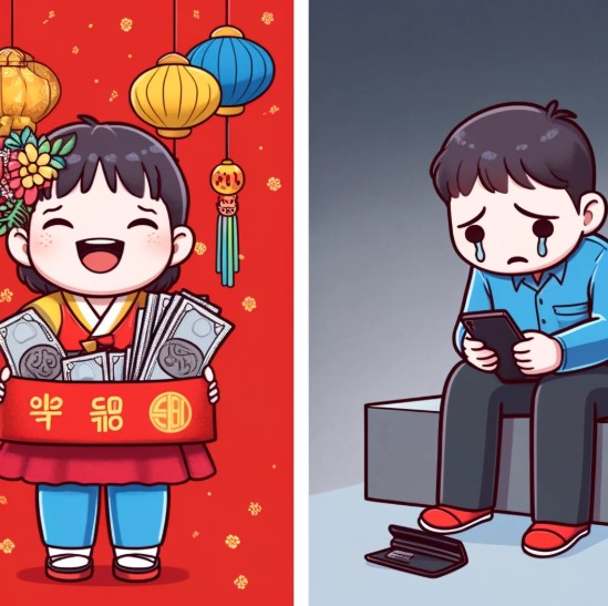 명절 용돈을 받고 좋아하는 조카의 모습과 우울해진 남자의 모습 사진