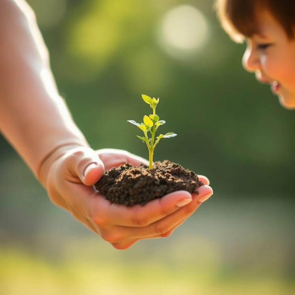한 손으로는 자라나는 식물을, 다른 한 손으로는 아이의 손을 잡고 있는 따뜻한 이미지입니다. 아이와 식물은 미래와 성장을 상징하며, 희망적이고 포괄적인 메시지를 전달합니다. 저출산고령사회위원회의 노력과도 연결됩니다.