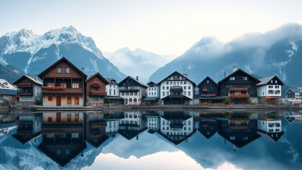 알프스 호수 위에 비친 거울 같은 마을