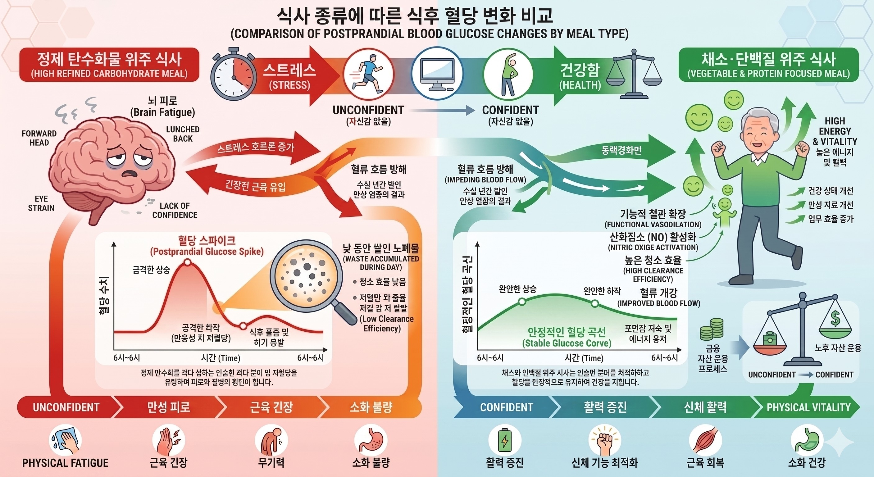 [혈당 스파이크 vs 안정적인 곡선]: 정제 탄수화물을 먹었을 때 치솟는 혈당과 채소&middot;단백질 위주로 먹었을 때 완만한 혈당 곡선을 비교하는 그래프입니다.