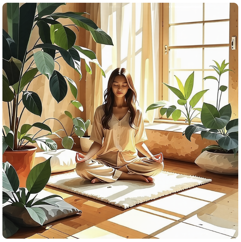 수채화 풍으로 아시아 여성이 실내에서 명상을 하는 모습