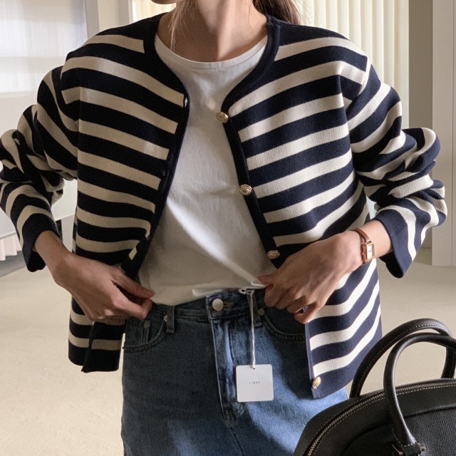 리브레 셀린 가디건 가을 금장 스트라이프 가디건