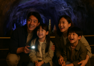 광명동굴에서 관람하며 즐거워하는 모습