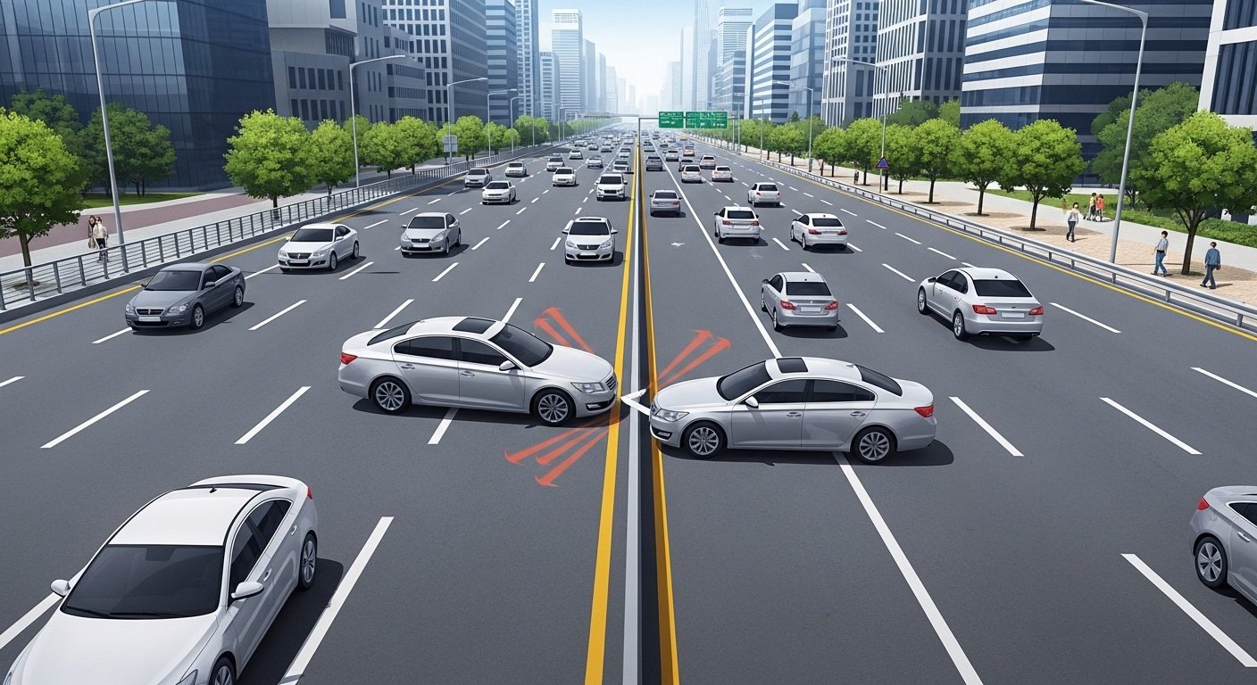 차선 변경 중 발생할 수 있는 교통사고 상황을 보여주는 도로 위 두 대의 한국 차.