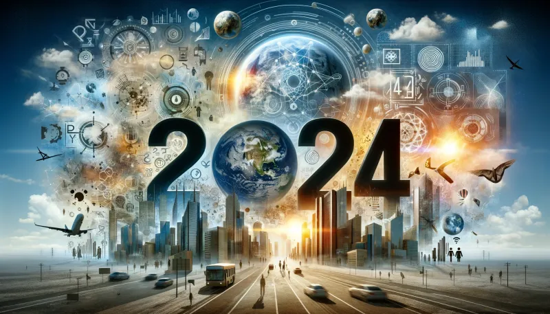 2024년에 대한 다양한 예측을 나타내는 컨셉 이미지로 '2024'라는 숫자가 눈에 띄게 표시되어 있습니다. 이미지에는 상징적 요소의 콜라주가 포함되어야 합니다. 즉, 기술 발전을 나타내는 미래 도시 풍경, 기후 변화와 환경 문제를 나타내는 지구본, 정치적 변화를 나타내는 실루엣, 경제적 변화나 과학적 혁신과 같은 잠재적인 글로벌 이벤트에 대한 추상적 상징이 포함되어야 합니다. 구성은 역동적이고 생각을 자극해야 하며 미래 지향적 요소와 현재적 요소를 모두 포함하고 16:9의 넓은 화면 비율로 설정되어 있습니다.
