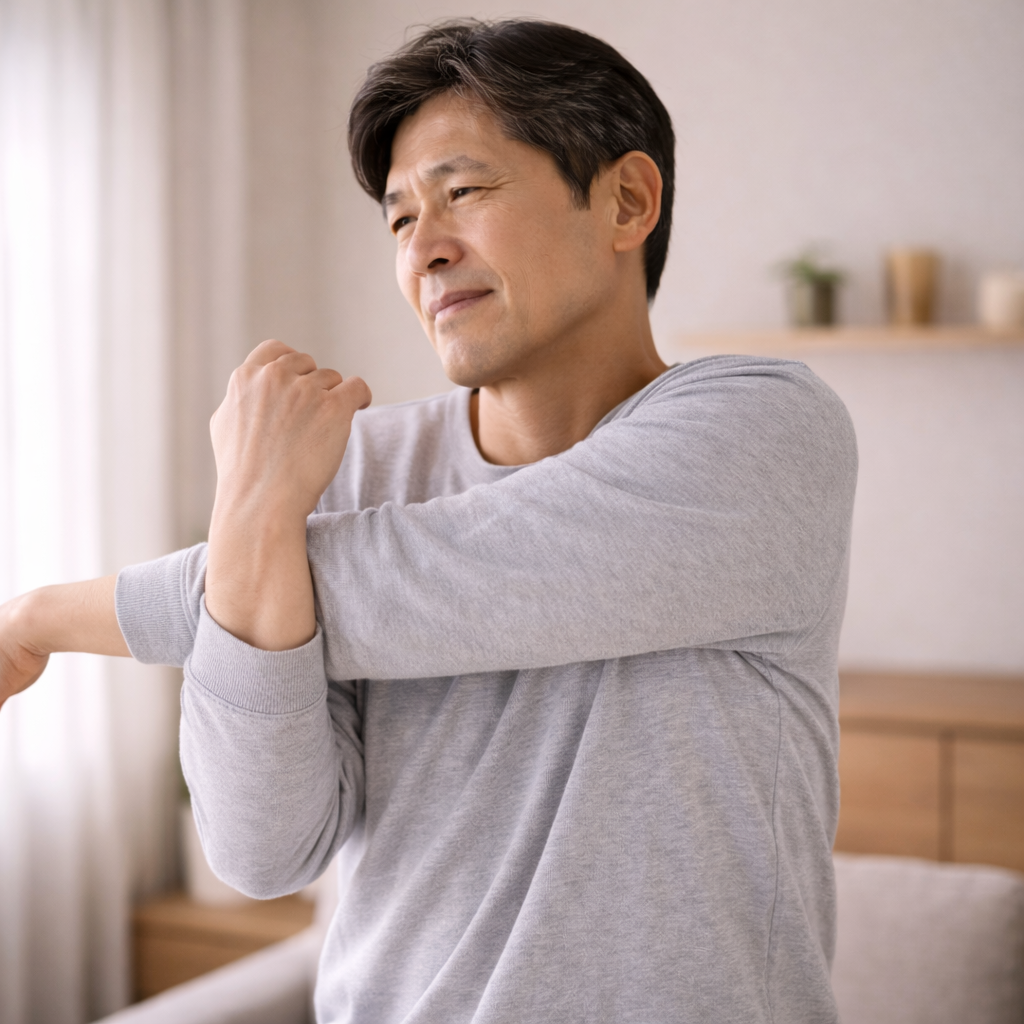 오십견 관리에 도움이 되는 가벼운 어깨 스트레칭 장면