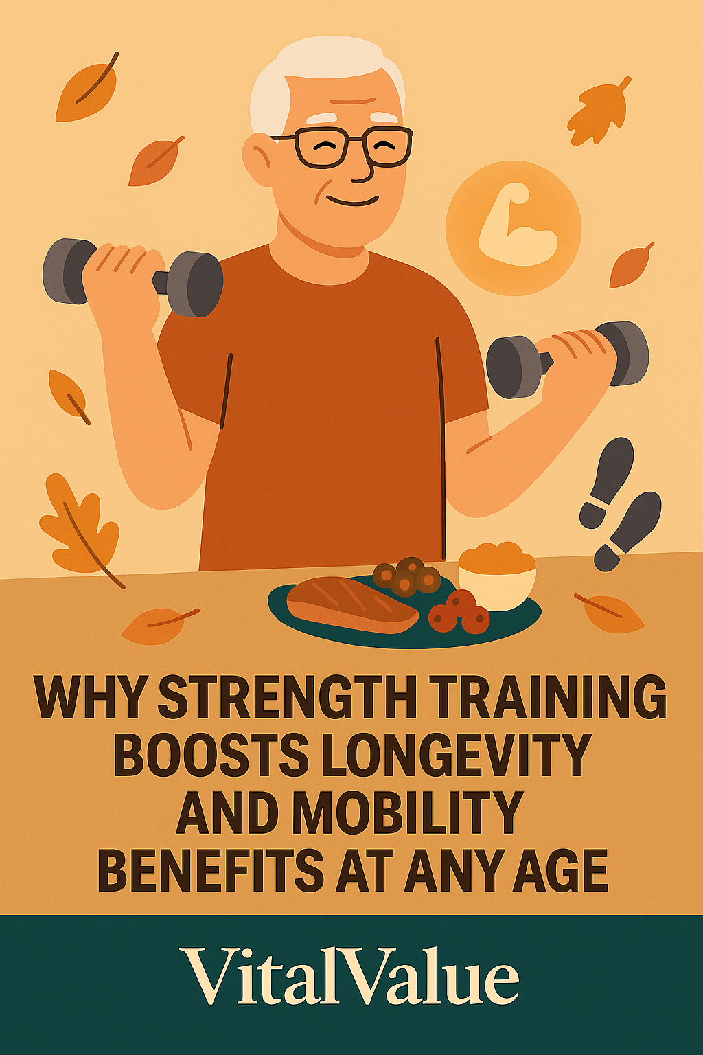 &ldquo;Flat autumn-style illustration of a senior lifting dumbbells with a glowing muscle icon and footsteps, symbolizing how strength training boosts longevity and mobility at any age.&rdquo;