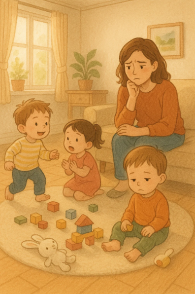 부모가 아이의 행동을 유심히 관찰하며 걱정하는 모습