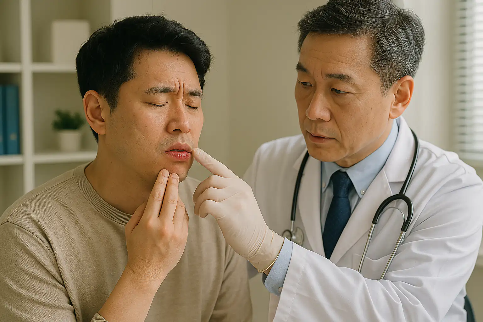 입술 통증이 심화되어 병원을 방문하는 환자. 입술에 물집이나 염증이 있는 사람을 진찰하는 피부과 전문의