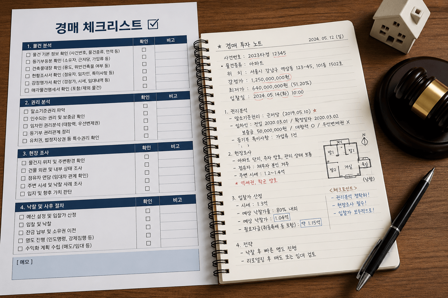 경매 체크리스트와 노트 사진