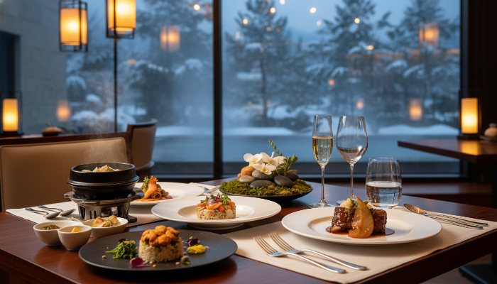 고급 온천 리조트에서 제철 식재료로 정성껏 준비된 파인 다이닝 요리. 미식의 즐거움을 더하는 프리미엄 식사.