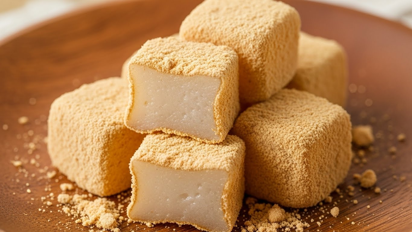 콩가루가 듬뿍 묻어있는 부드러운 일본 인절미 모찌 과자 단면