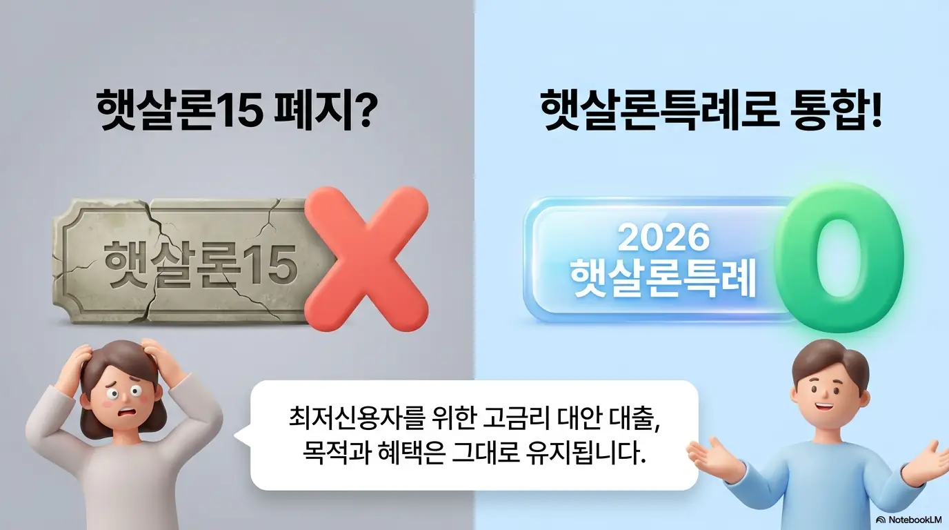햇살론15 폐지라는 의문과 2026 햇살론특례로 통합이라는 답을 좌우로 비교한 이미지. 이 이미지는 햇살론15가 폐지된 것이 아니라 햇살론특례로 통합되었고 최저신용자를 위한 고금리 대안 대출이라는 목적과 혜택은 그대로 유지된다는 사실을 시각적으로 전달하며&amp;#44; 블로그의 햇살론15 햇살론특례 통합 안내와 관련된 내용을 설명함 