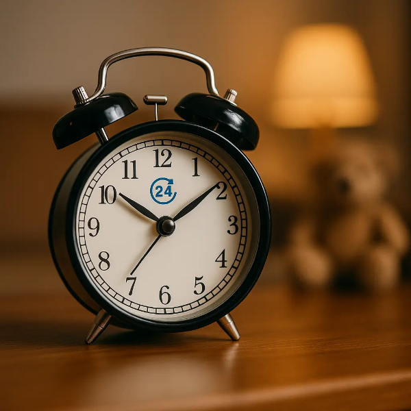24시 아이돌봄을 상징하는 빈티지 스타일의 검정 알람시계가 따뜻한 조명 아래 나무 책상 위에 놓인 이미지, 텍스트 없음
