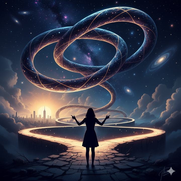 갈림길에 선 여성의 실루엣 또는 뫼비우스의 띠 같은 모순을 상징하는 이미지