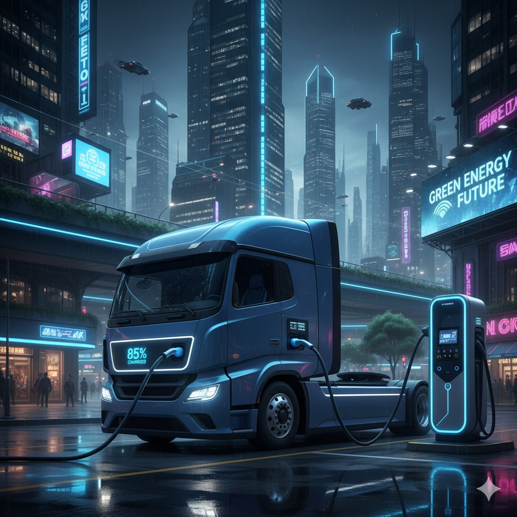 도심 배경에서 전기 충전 중인 대형 전기 트럭, 중대형 전기차 충전 실전 가이드를 표현한 이미지