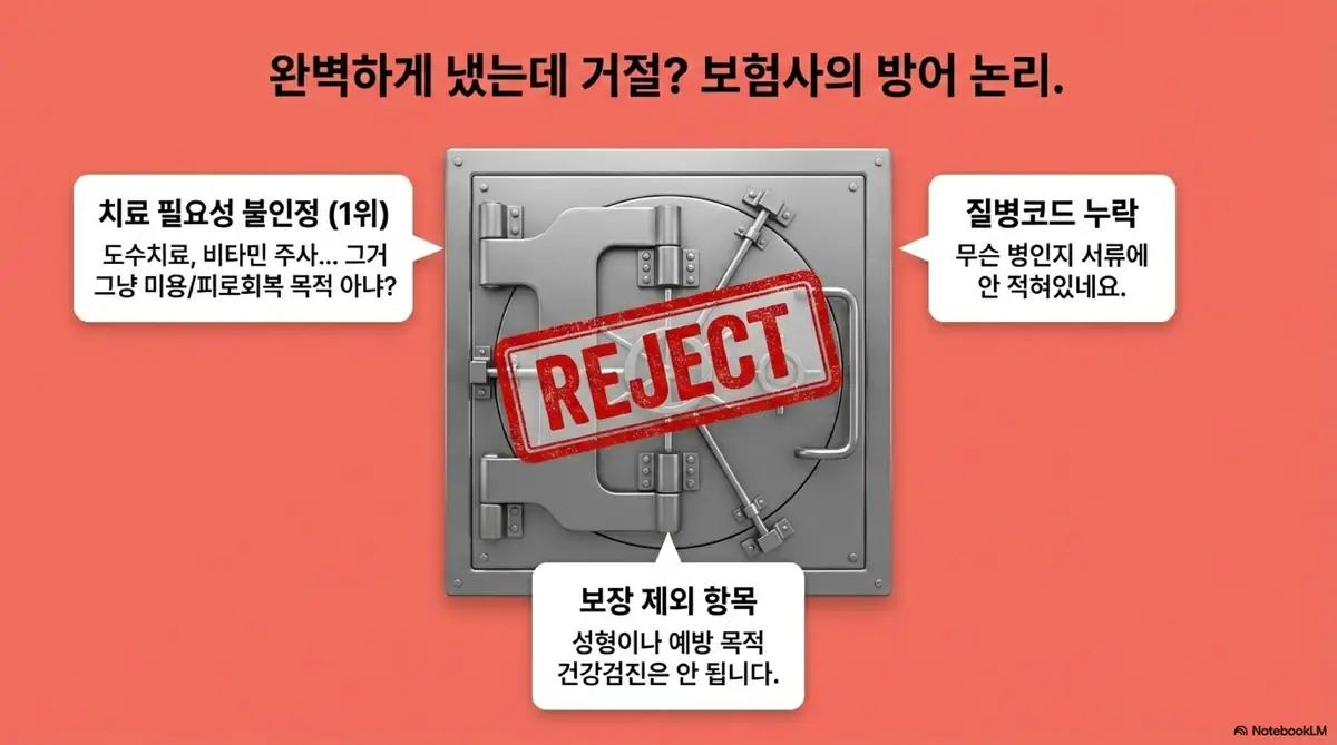 실손보험 청구서류: 실손보험 보험금 지급 거절의 주요 사유인 치료 필요성 불인정과 질병코드 누락 그리고 보장 제외 항목을 REJECT 스탬프와 함께 설명하는 인포그래픽 이미지. 이 이미지는 보험금 거절을 방지하기 위한 서류 준비 핵심 포인트를 시각적으로 전달하며&amp;#44; 블로그의 실손보험 거절 방지 요령과 관련된 내용을 설명함