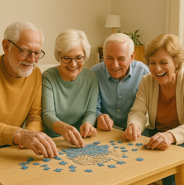 밝은 거실에서 네 명의 노인이 테이블에 둘러앉아 퍼즐을 함께 맞추고 있다