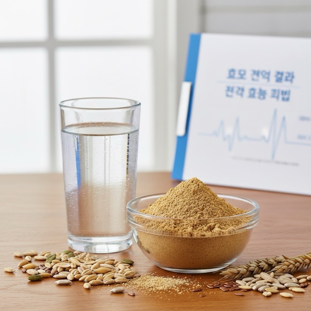 나무 테이블 위에 놓인 맥주효모 분말이 담긴 그릇과 물 한 잔