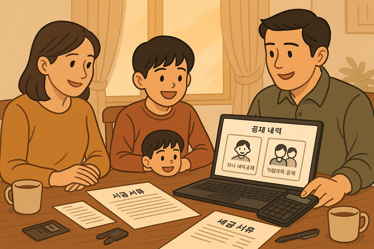 자녀 세액공제 및 부양가족 공제를 검토하는 한국인 가족의 저녁 시간 모습 – 식탁 위에는 세금 서류와 노트북, 계산기가 놓여 있음