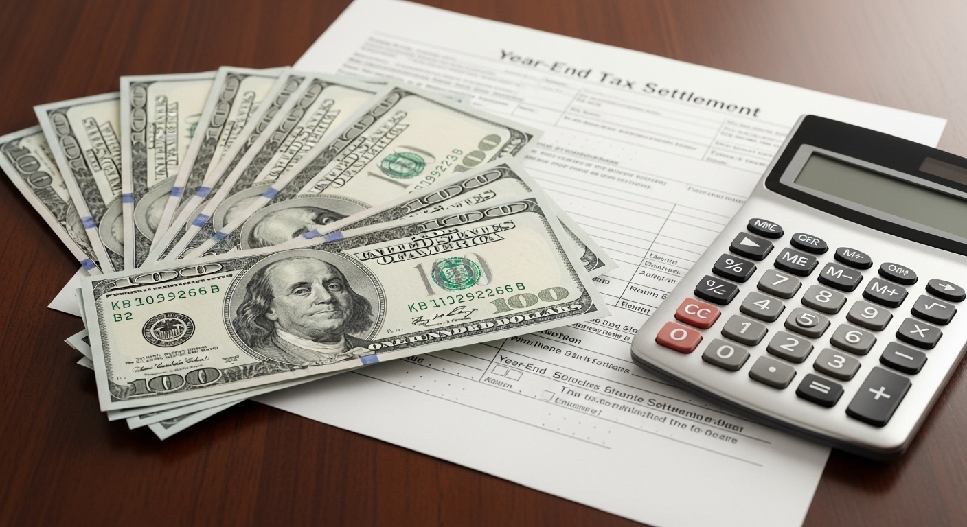 100만원이 넘는 현금다발과 연말정산 서류, 그리고 계산기 아이콘이 함께 있는 모습