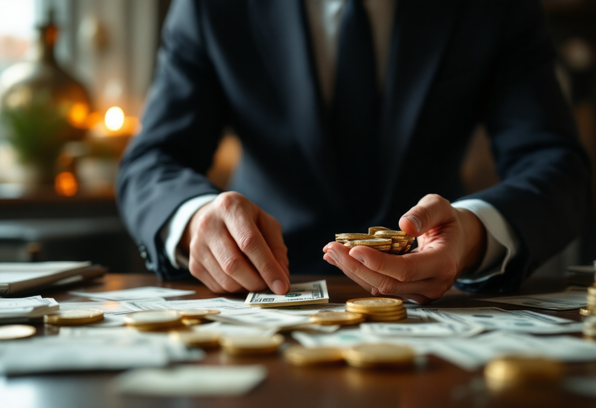 돈을 만지고 있는 양복입은 남자 상반신