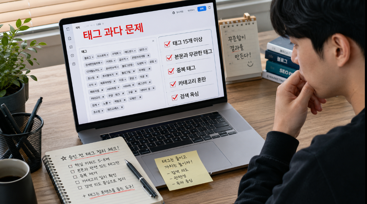 티스토리 글쓰기 화면에서 태그 남발과 중복 태그 문제를 점검하는 블로거 이미지