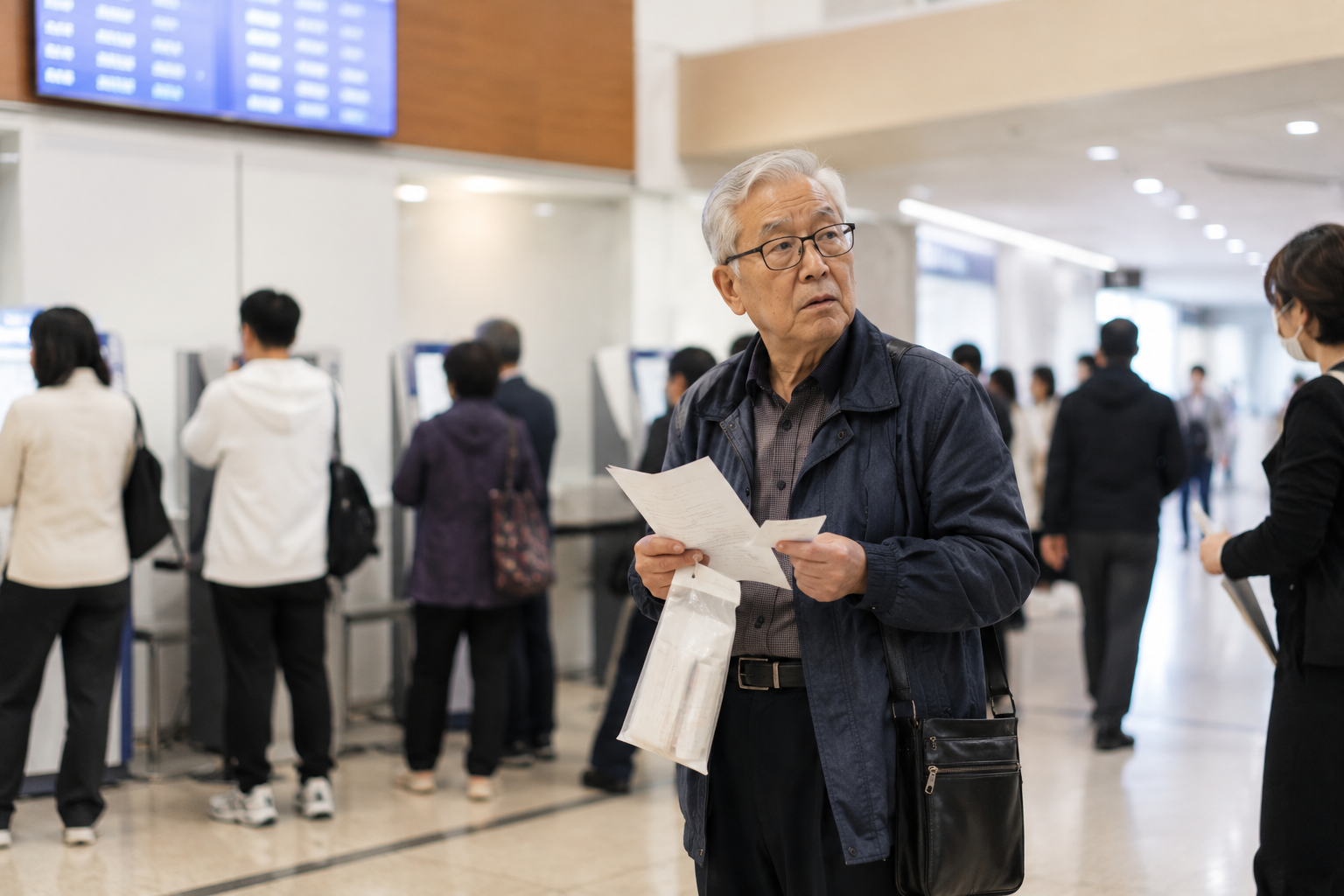 혼자 병원을 찾은 어르신이 접수 과정에서 어려움을 겪는 현실적인 모습