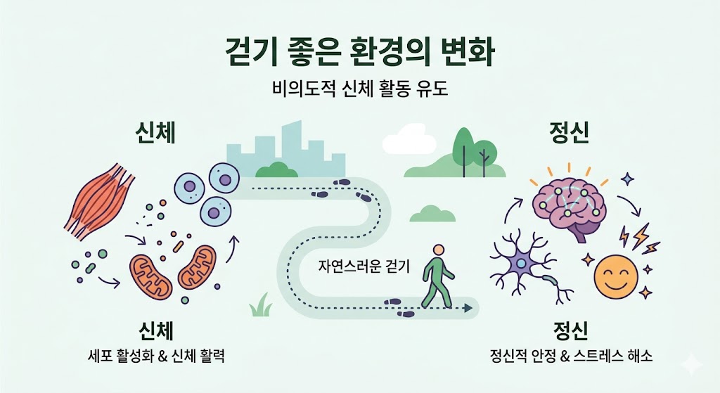 보행로가 신체와 정신에 미치는 긍정적인 변화를 도식화한 플랫 디자인 이미지입니다. 중앙의 산책로를 중심으로 좌측에는 세포 활성화를 상징하는 미토콘드리아와 근육 아이콘이, 우측에는 뇌 신경세포와 밝은 표정의 아이콘이 배치되어 자연스러운 걷기가 유도하는 신체적 활력과 정신적 회복 과정을 직관적으로 보여줍니다.