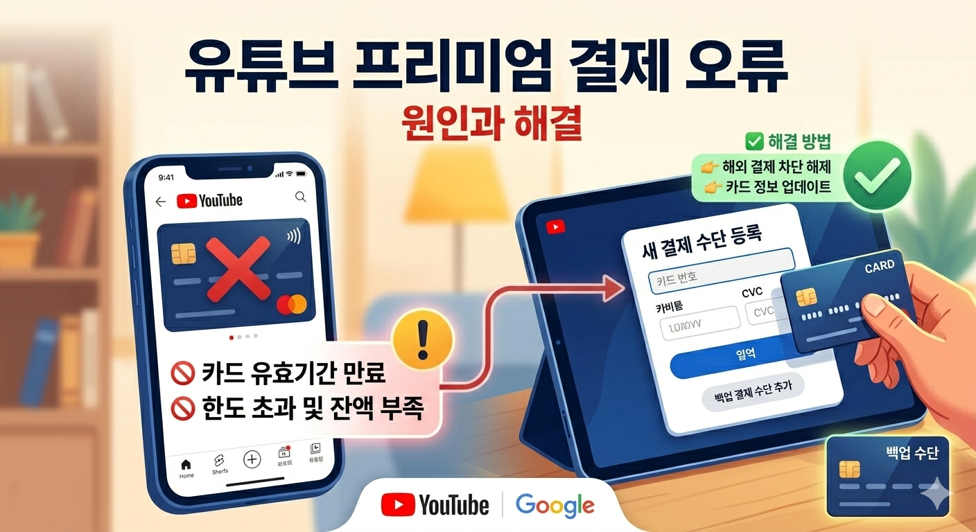 유튜브 프리미엄 결제 오류 해결 방법 총정리 (결제 수단 변경 및 해외 결제 차단 해제)