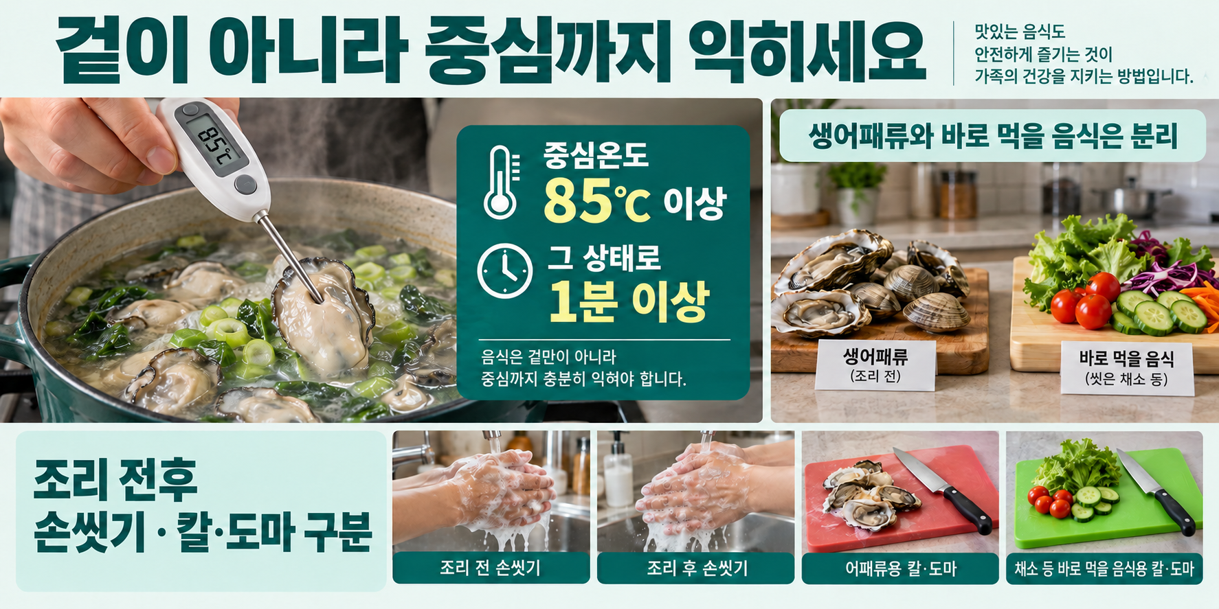 어패류 살 중심의 식품 온도계 85℃와 1분 이상 유지의 관계를 실사로 표시. 생어패류와 바로 먹을 식품의 도마를 구분.