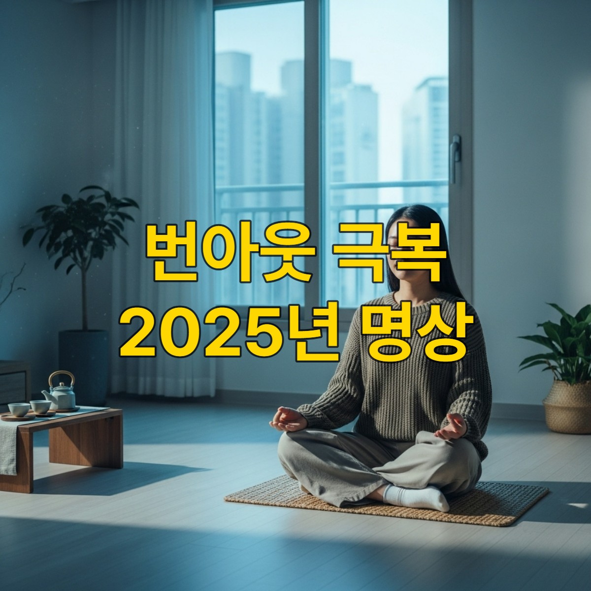 2025년 번아웃 극복을 위해 명상하는 한국인 여성의 모습.