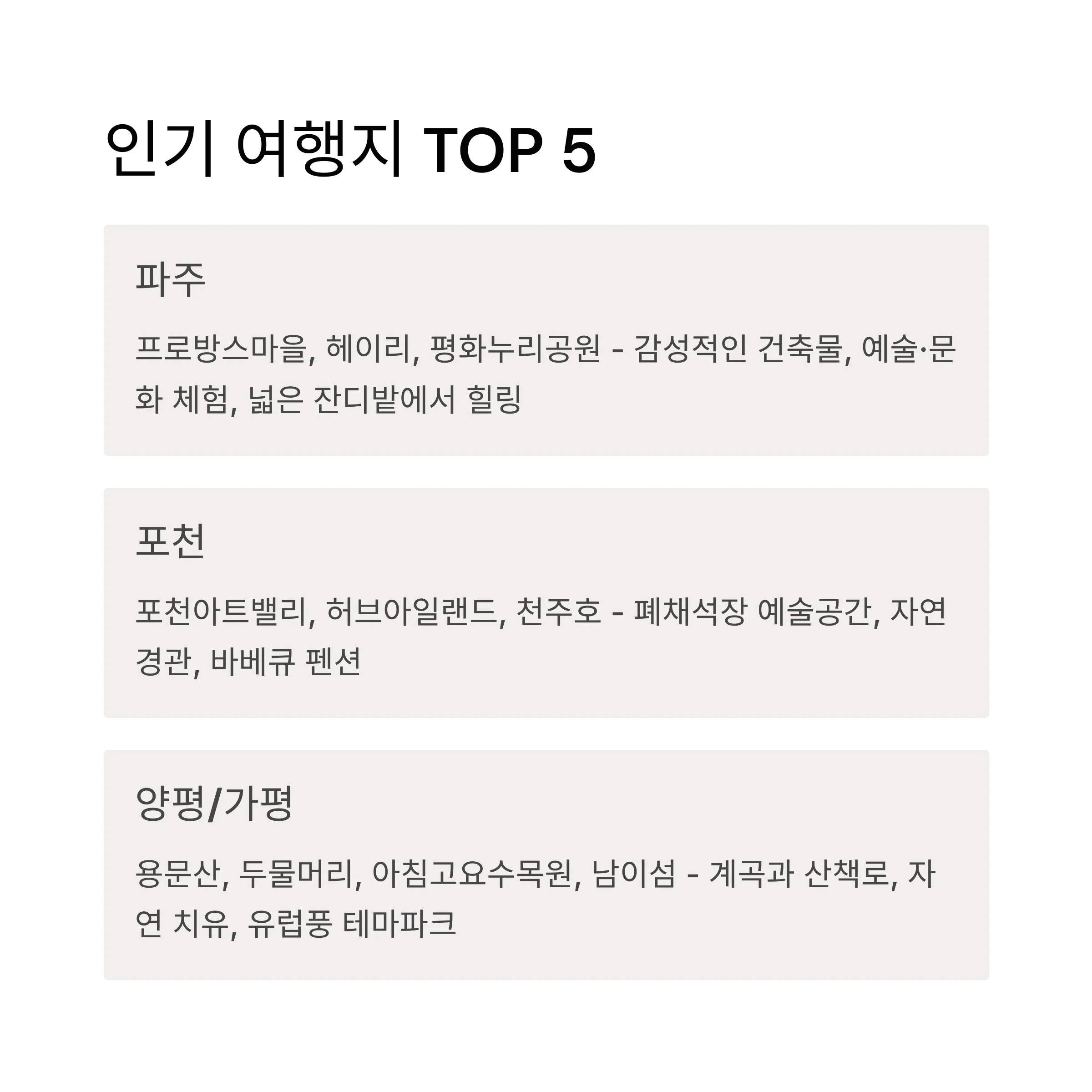 서울 근교 1박2일 인기 여행지 TOP 5