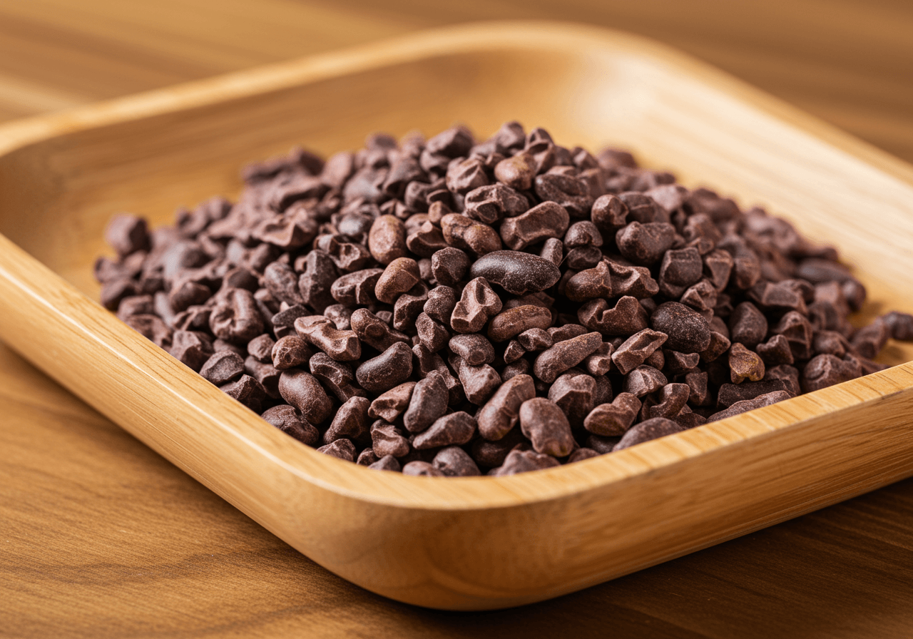 원두처럼 생긴 카카오닙스 원물의 근접 이미지