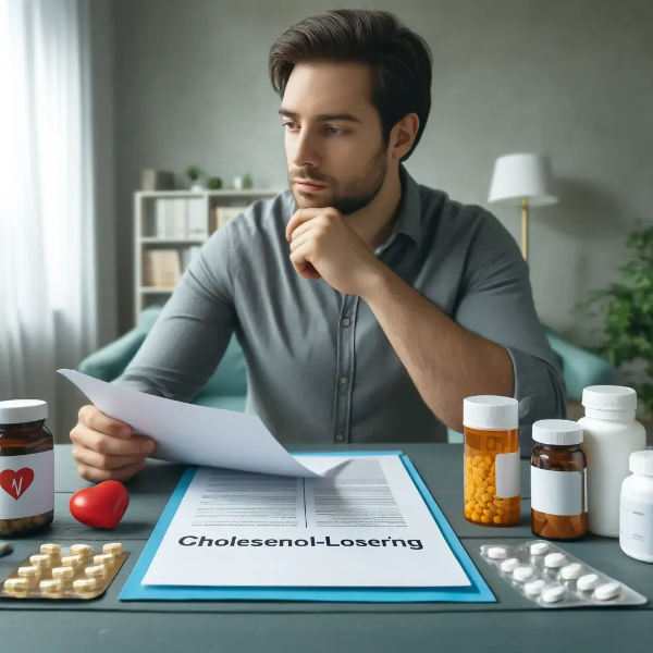 고지혈증 약 종류를 비교하며 설명서를 읽어보는 사람, 약병이 놓인 테이블