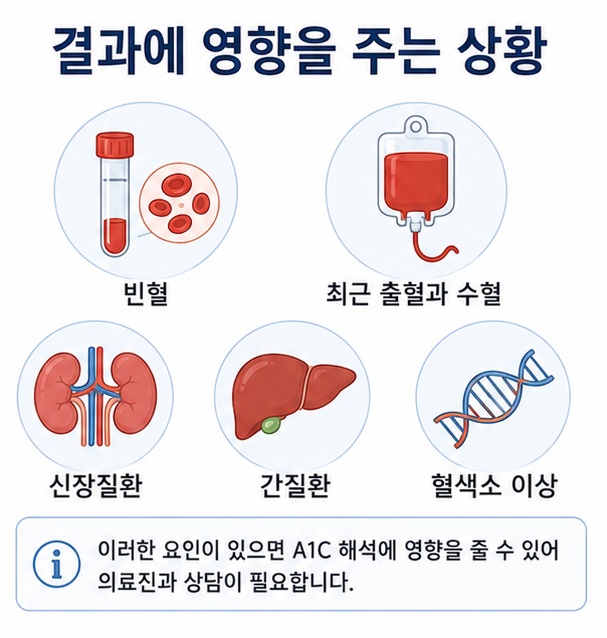 빈혈과 최근 출혈이나 수혈, 신장질환과 간질환 등으로 A1C 검사 결과가 실제 혈당과 다르게 나타날 수 있음을 정리한 이미지
