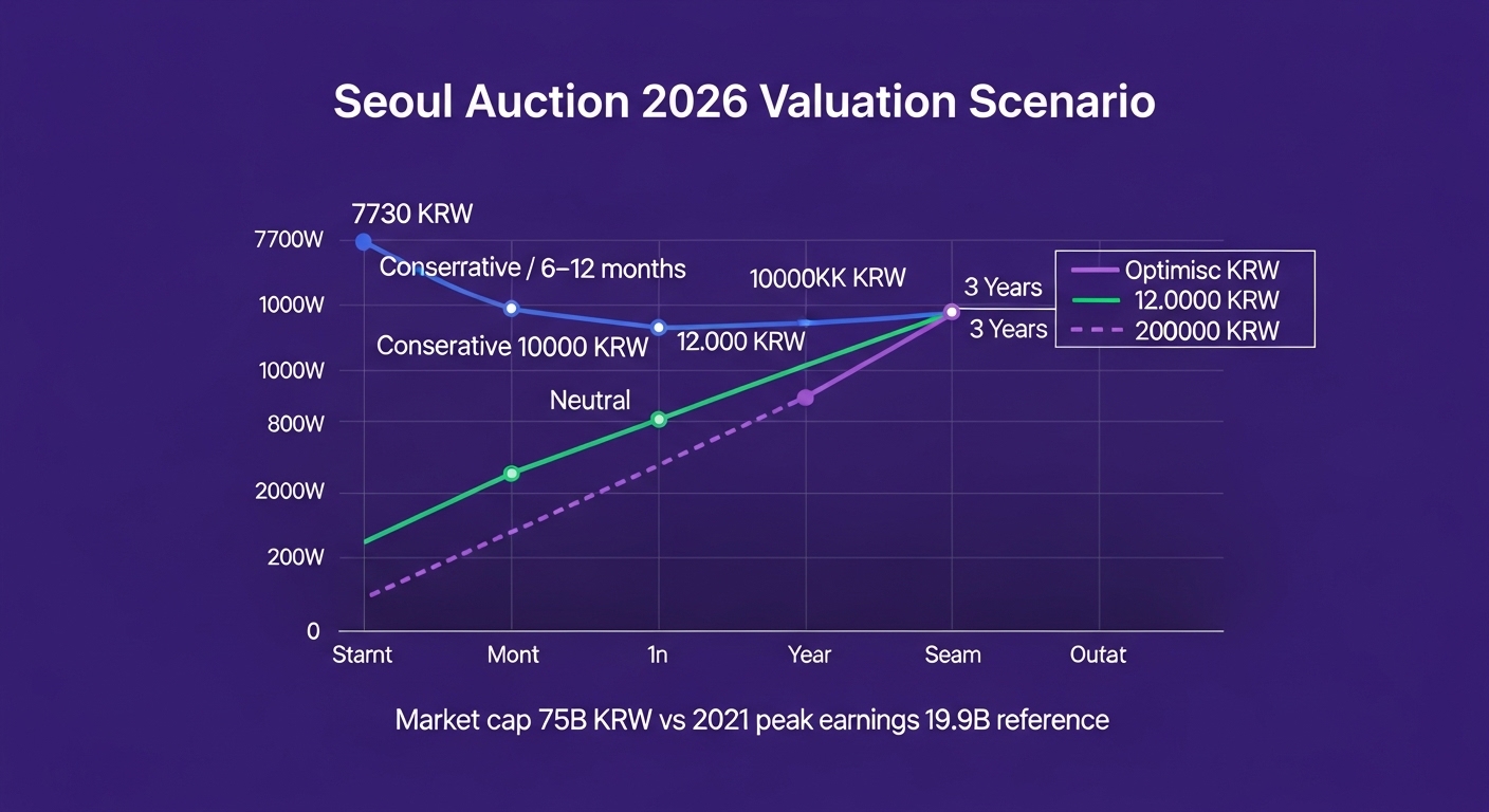 Seoul Auction 2026 valuation scenario three path chart. Current 7730 KRW starting point. Conservative path 10000 6-12 months dotted line. Neutral path 12000 one year solid line. Optimistic path 20000 three year dashed line. Market cap 75B KRW vs 2021 peak earnings 19.9B reference. Royal purple dark chart. English only.