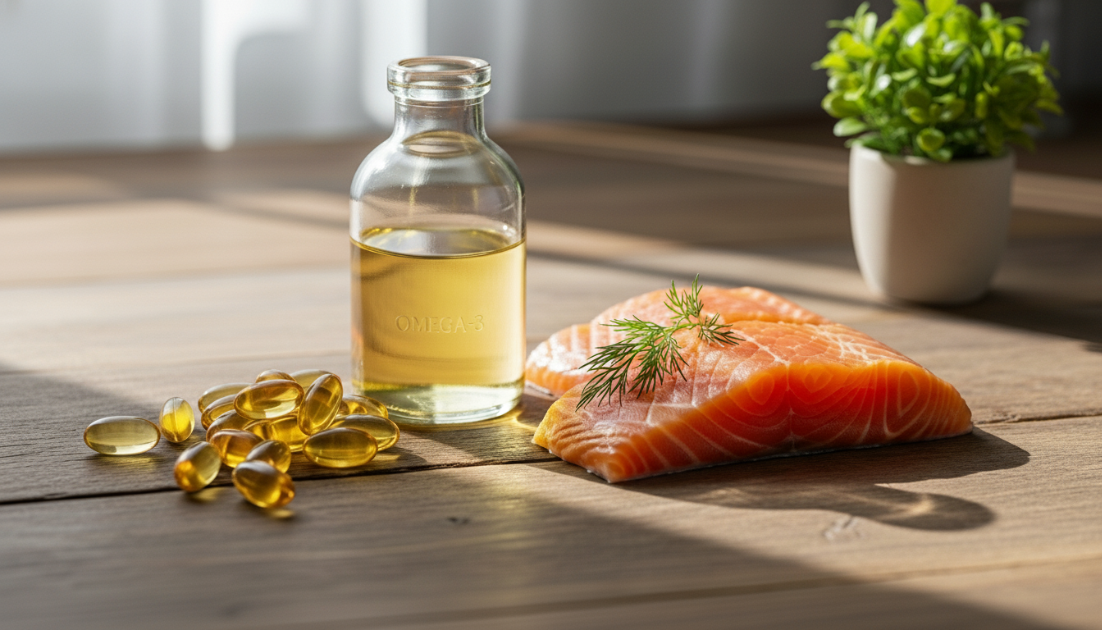 오메가3 영양제 캡슐과 생선 오메가3 보충제 이미지