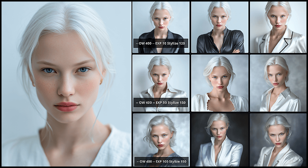 Midjourney OREF 기능, exp,stylize 값수치별 인물 외형, 포즈, 헤어의 일관성 및 프롬프트 반영 정도를 비교한 실험 결과 이미지_Midjourney