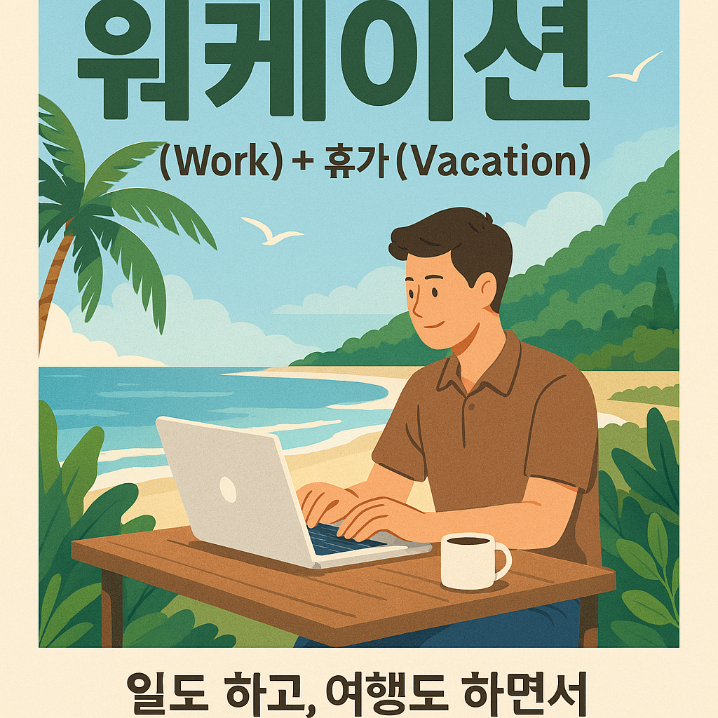 바닷가에서 노트북으로 일하는 워케이션
