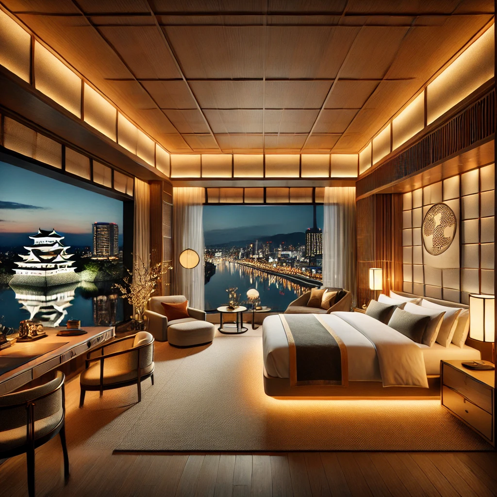 오카야마의 고급 호텔 객실, 야경이 보이는 전망