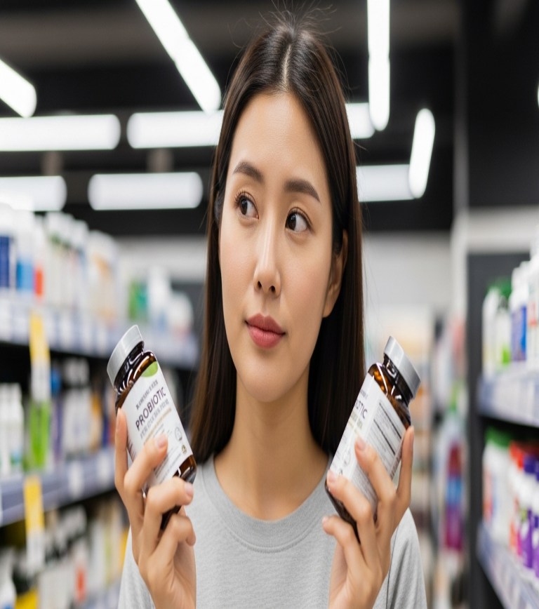 유산균 제제를 고르는데 고민을 하고 있는 여인의 이미지